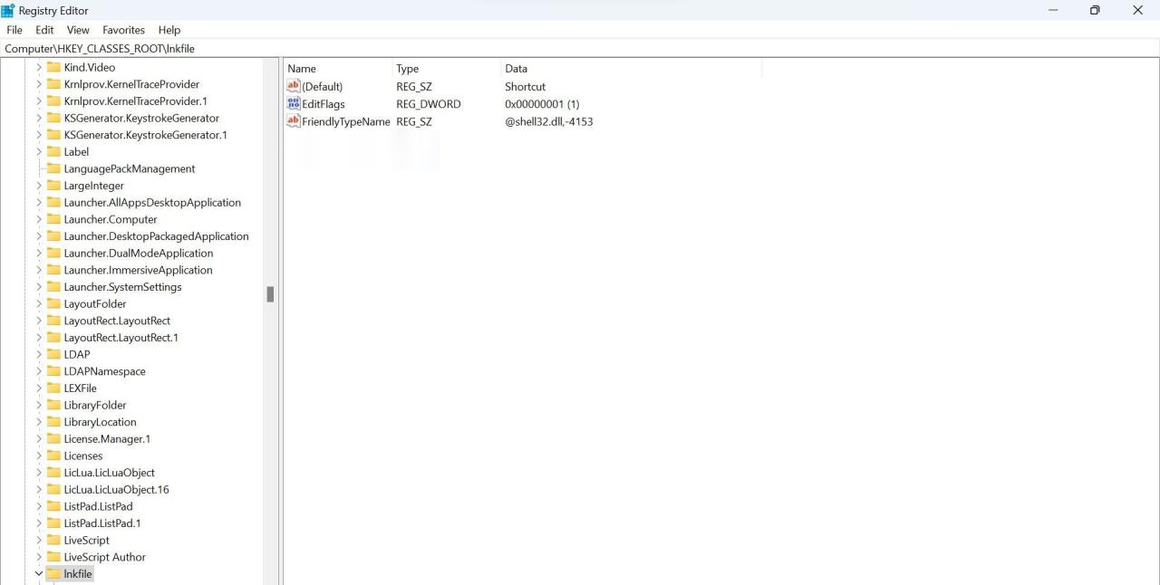Locate the IsShortcut String Value in the Inkfile Key of Registry Editor App