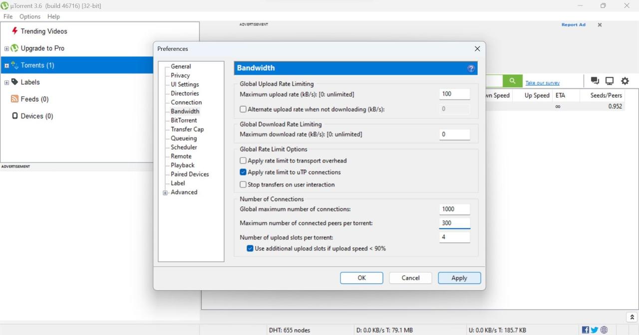 Click Apply After Making Certain Changes in the Bandwidth Tab of Torrent Preferences