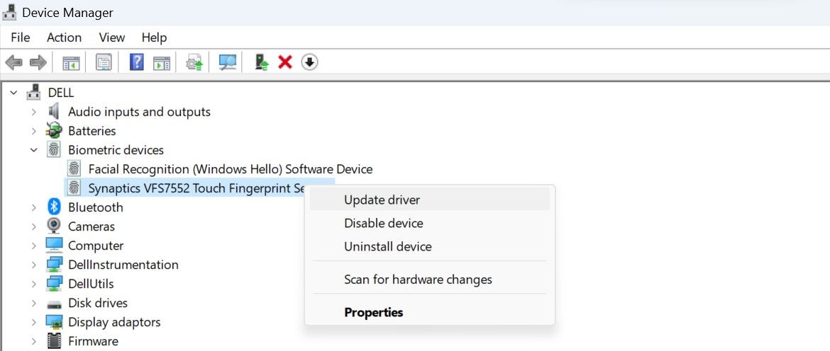 Update the Fingerprint Scanner Device in Windows Device Manager