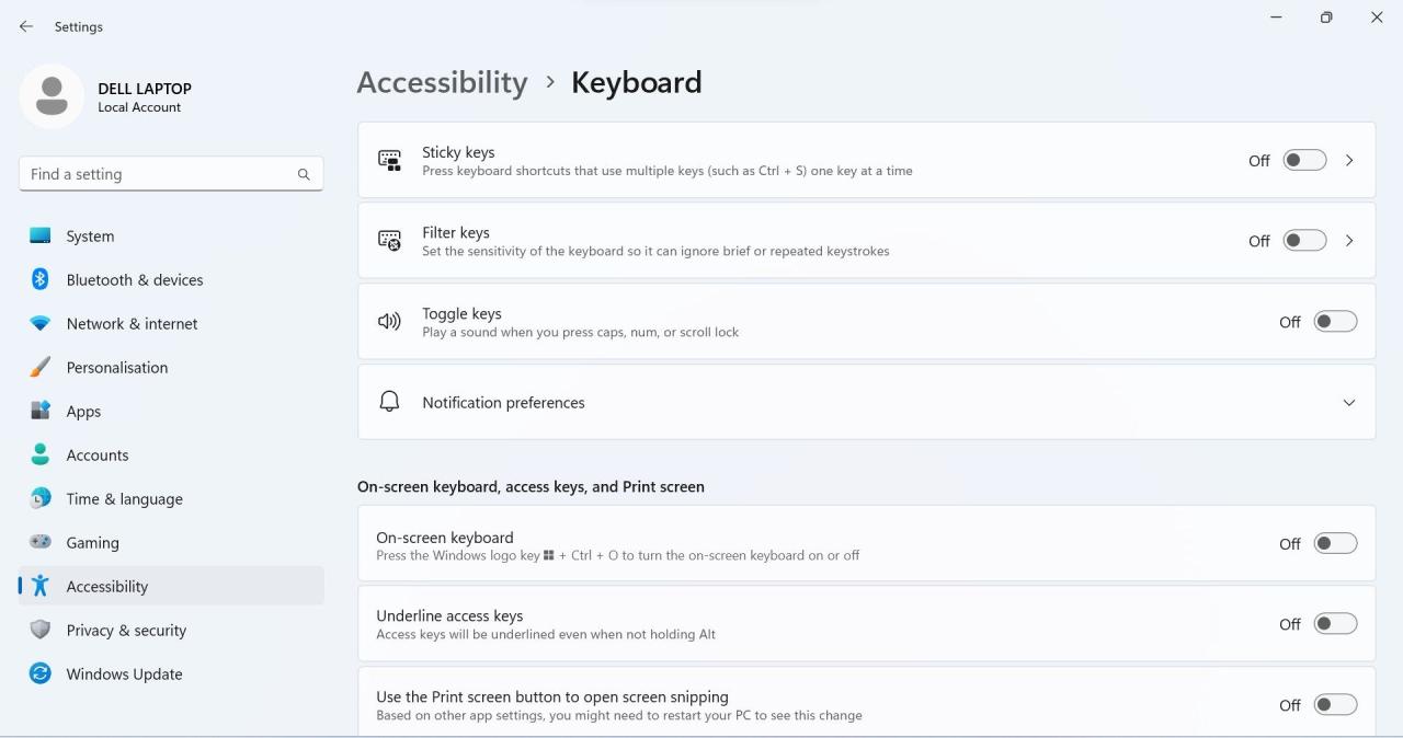 Disable Certain Keyboard Settings in the Windows Settings App