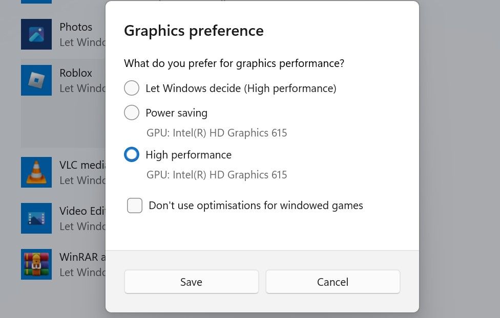 Select High Performance in the Graphics Preferences Window