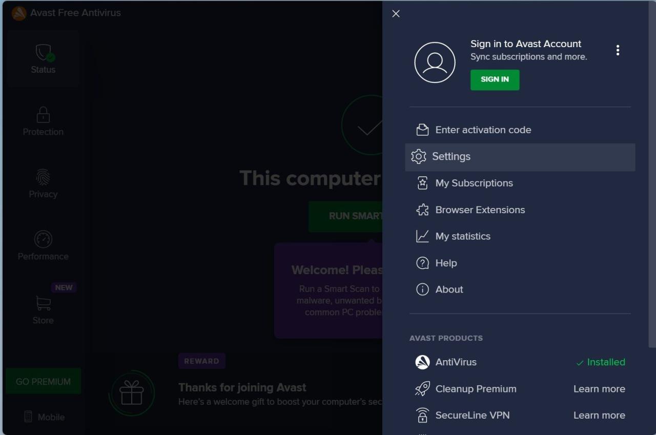 Go to Settings in Avast Antivirus App