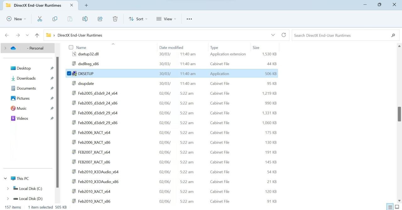 Locate DXSetup File in the DirectX Folder in Windows File Explorer