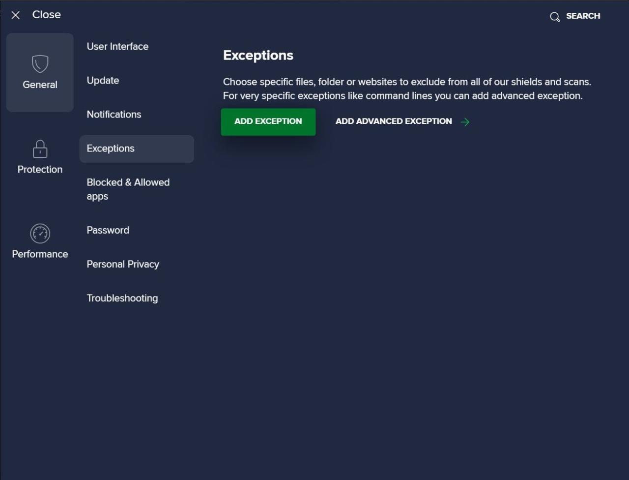 Click on Add Exception in the General Settings in Avast Antivirus App