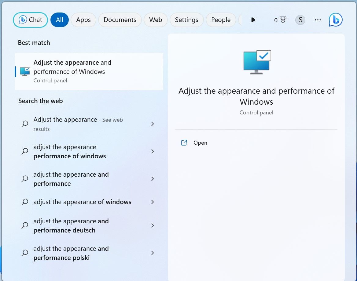 Open Adjust the Appearance and Performance of Windows From Windows Search