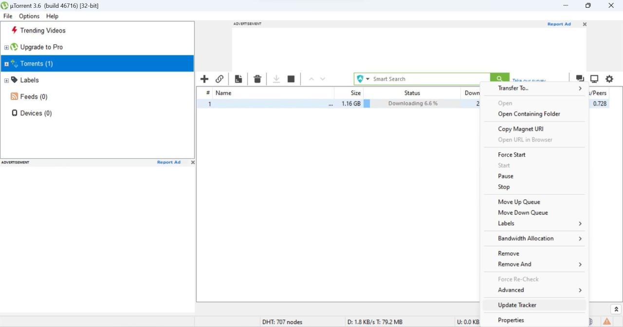 Update Tracker by Right-clicking on the torrent Download