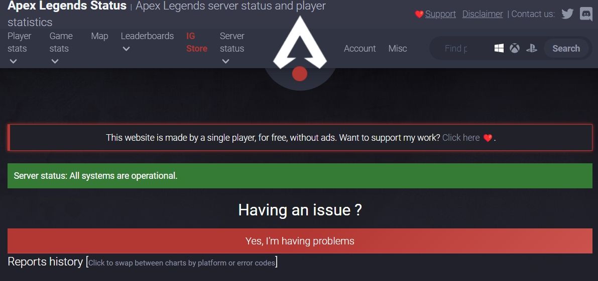 Apex Legends Server status webpage