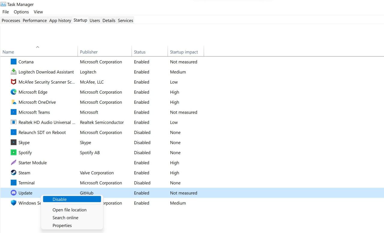 Disabling Discord Update Process in Windows Startup Task Manager