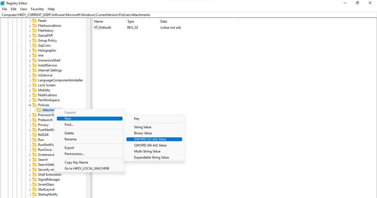 Creating the DWORD (32-bit) String Value in the Attachments Key in Registry Editor App