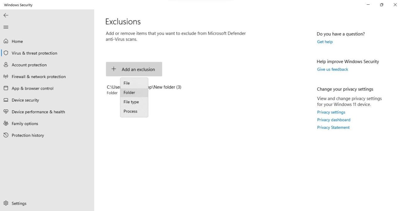 Adding an Exclusion for Downloads Folder in Windows Security Settings