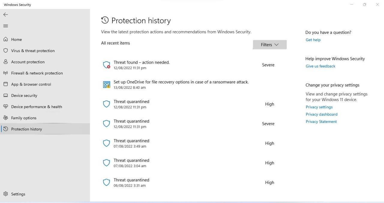 Checking Protection History under Virus and Threat Protection in Windows Security App