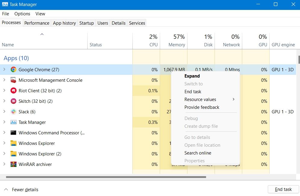 Task Manager End task option