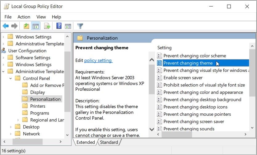 Using the Local Group Policy Editor to Prevent Others From Changing the Desktop Theme