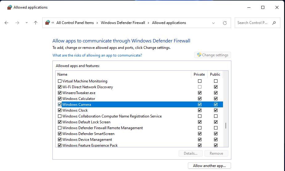 The allowed applications list in the firewall applet