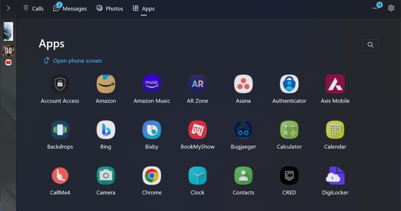 Screenshot showing Android apps in Phone Link app