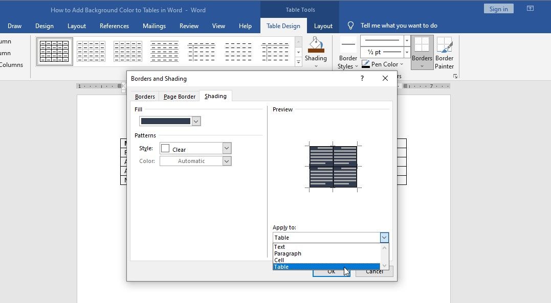 Options to Apply Color to Specific Table Parts