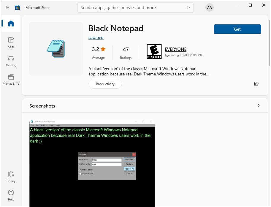 Black Notepad in Microsoft Store