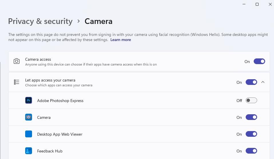 The Let apps access your camera setting