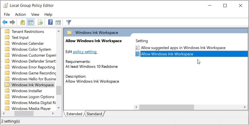 Clicking the Allow Windows Ink Workspace option