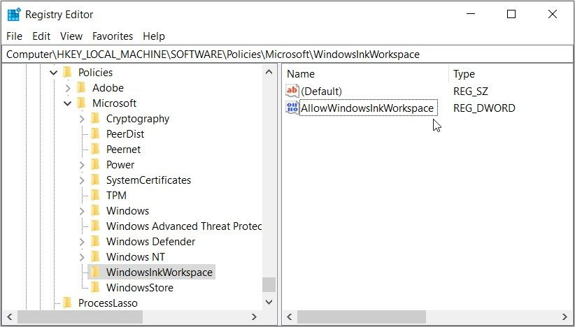 Clicking the AllowWindowsInkWorkspace value