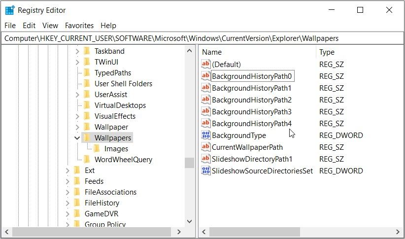 Clicking the BackgroundHistoryPath4 value in the Registry Editor