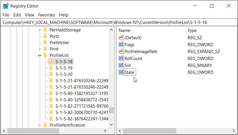 Clicking the State value in the Registry Editor