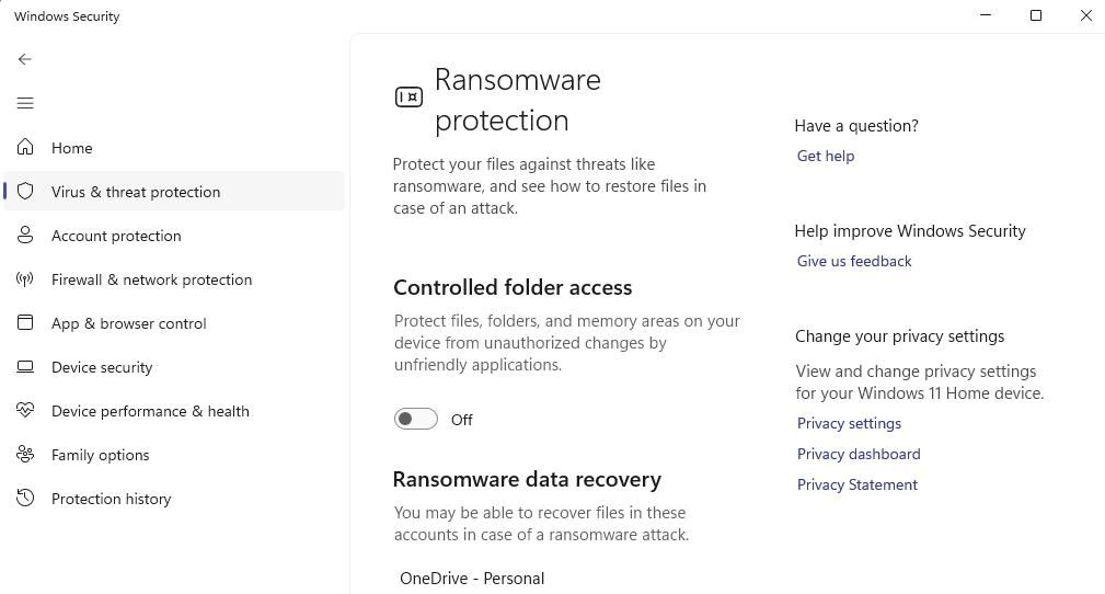 The Controlled folder access setting