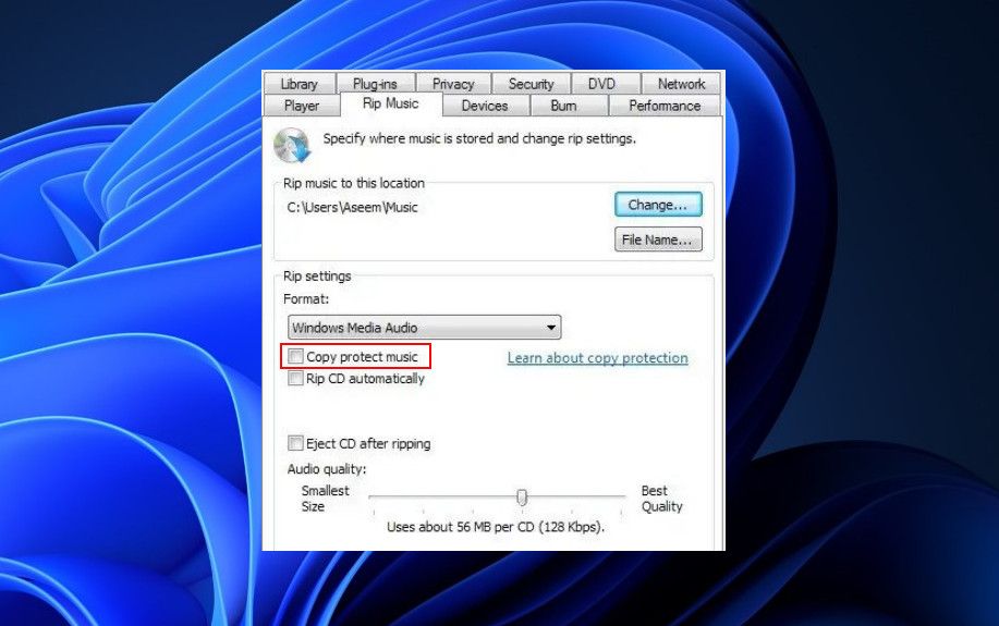 Uncheck the Copy protect music option