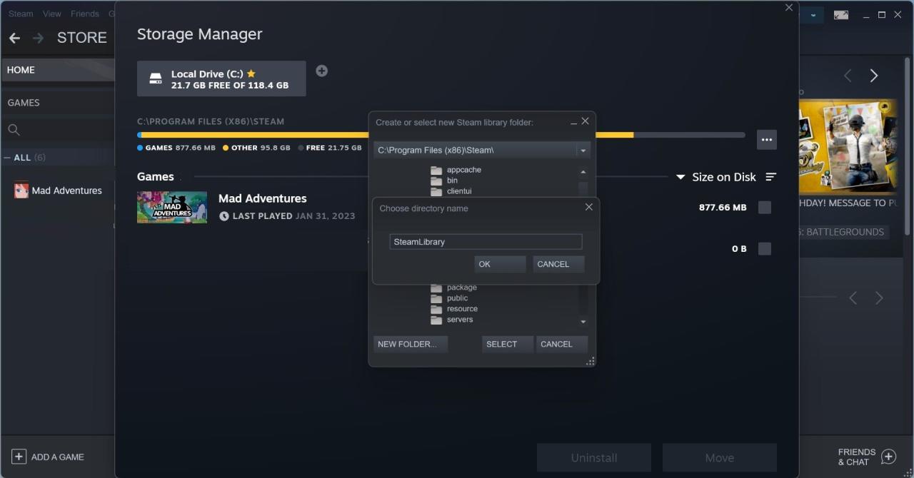 Create a New Folder in a Newly Added Drive in Steam Library Settings