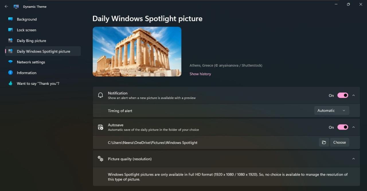 Daily Windows Spotlight Page With Show History Link