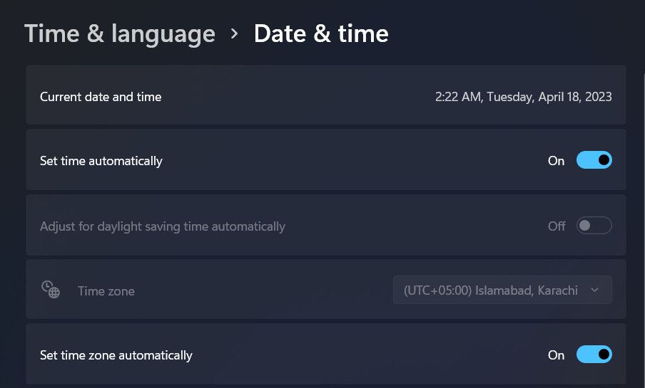 Set date and time in Windows