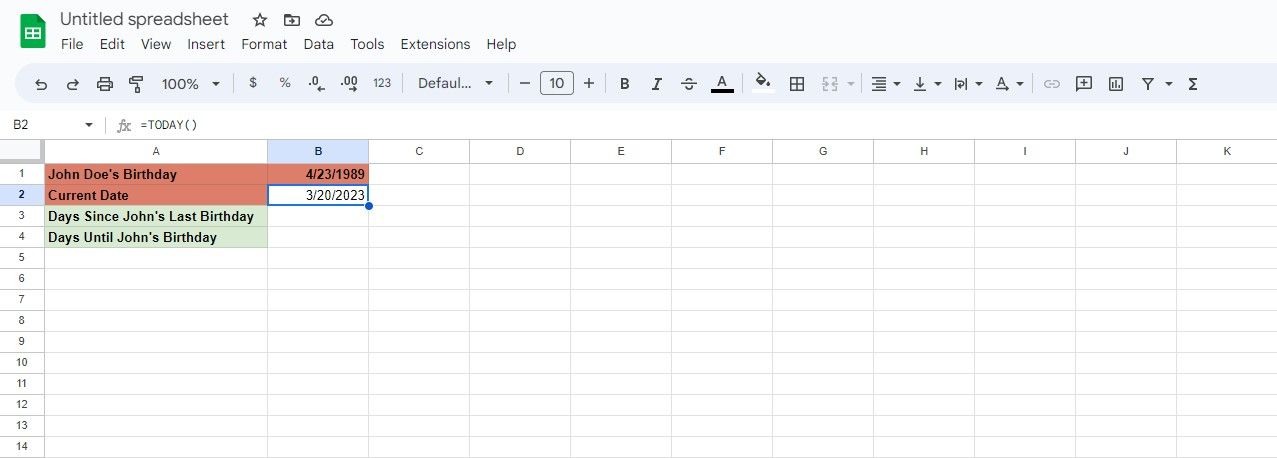 Using the TODAY function in Google Sheets