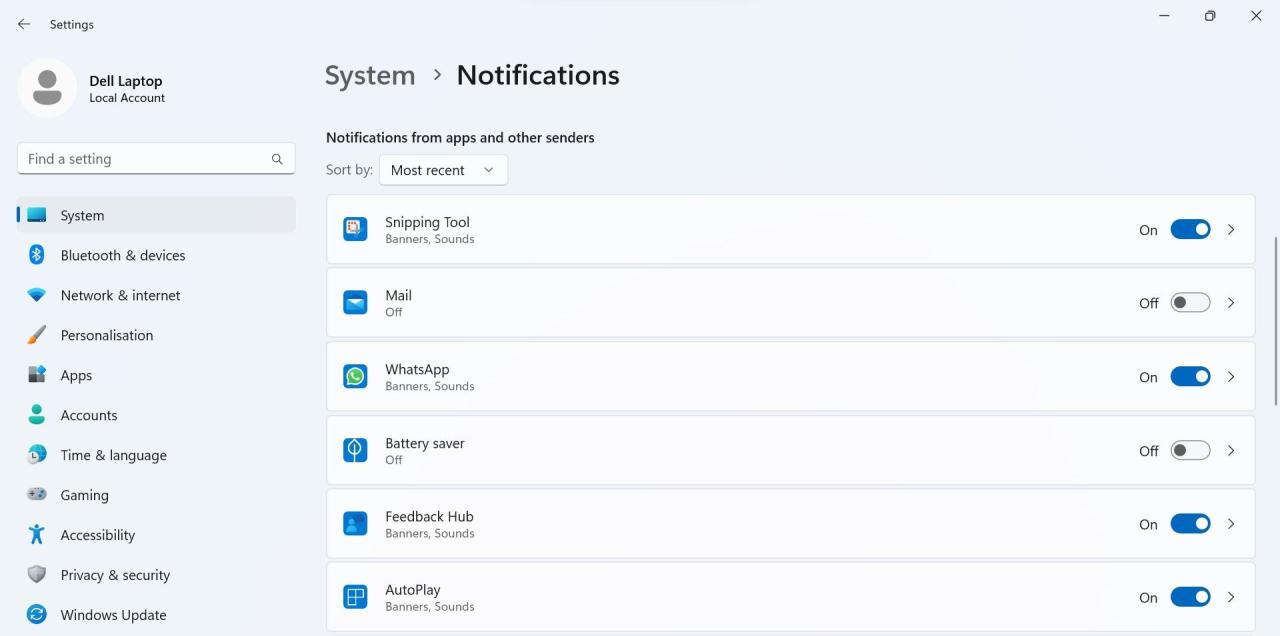 Disable the Toggle Next to Specific Apps in the Notifications From Apps and Other Senders Section in Windows Settings App