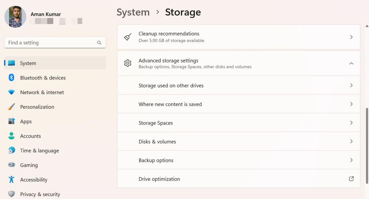 Disks & Volumes option in the Settings app