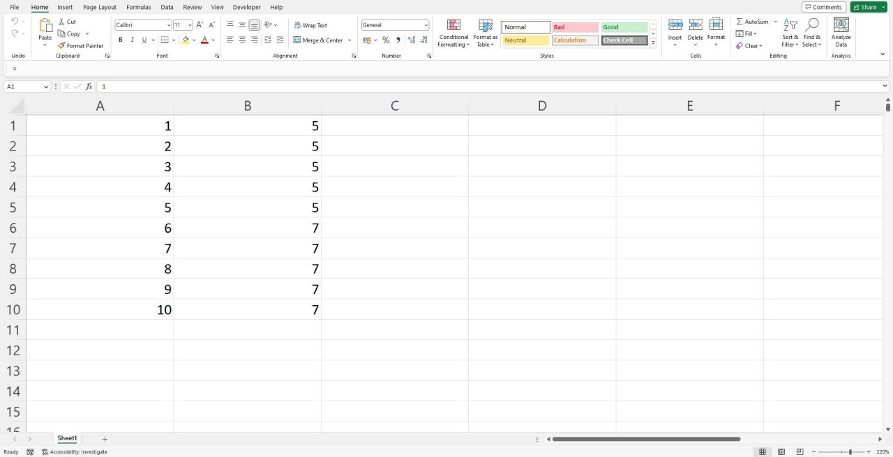 Excel sheet interface with two rows of output data