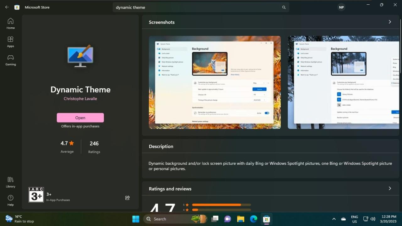 Dynamic Theme App on the Microsoft Store