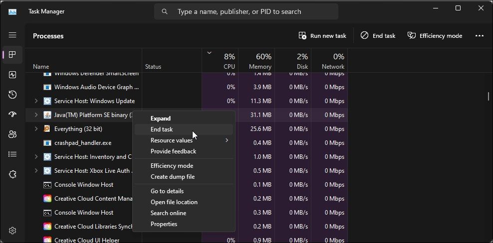 end java process task manager