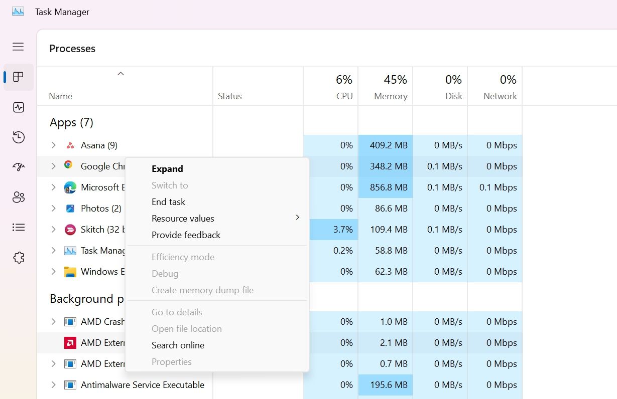 End Task option in Task Manager