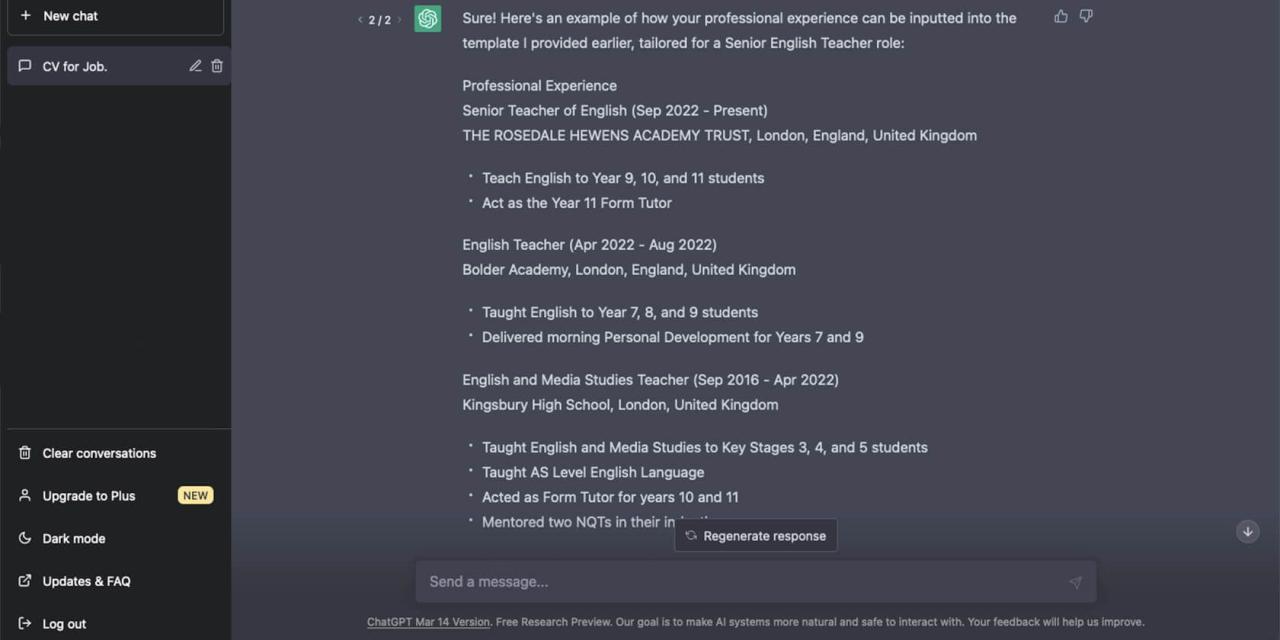 english teacher cv with ChatGPT