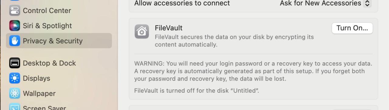 FileVault toggle in System Settings on macOS Ventura