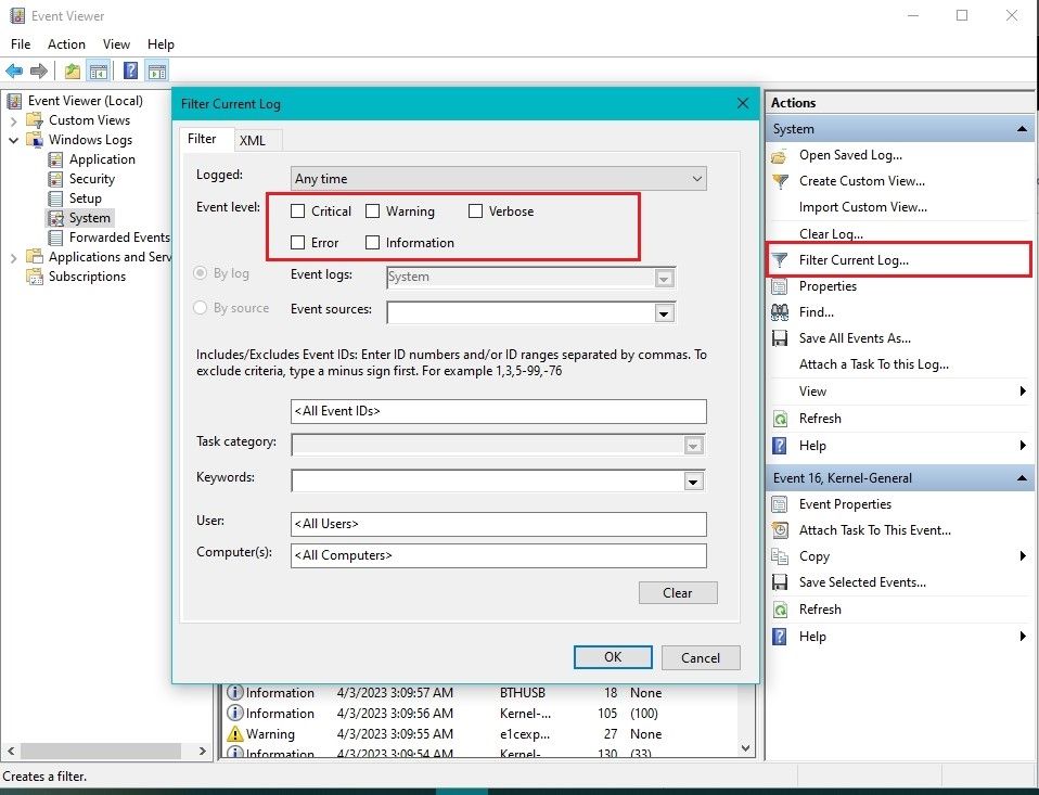 Filter current log page on the system log window