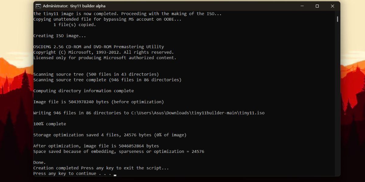 Finalizing Windows 11 ISO by Tiny11 Builder