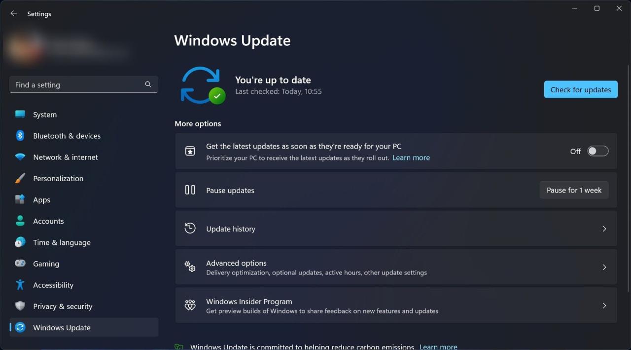 Screenshot showing Get the latest updates as soon as they\'re ready for your PC toggle