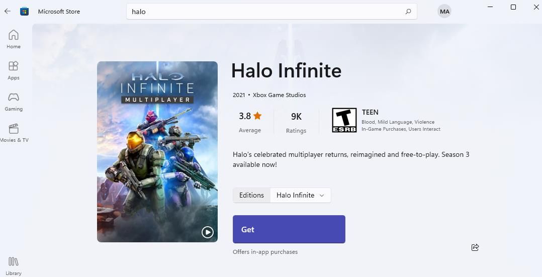 Halo Infinate game in Microsoft Store