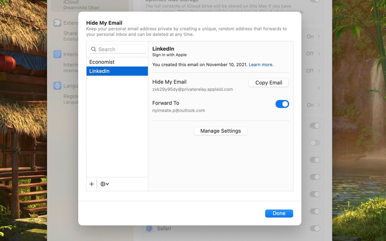 Hide My Email menu in System Settings on macOS