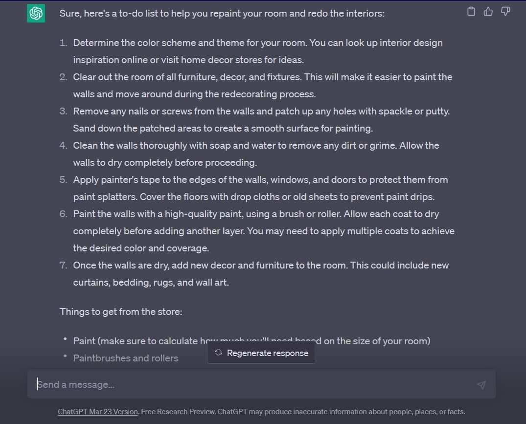 ChatGPT provides a to-do list for redoing home interiors