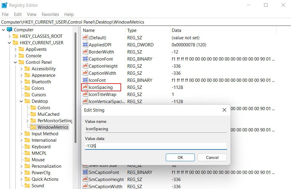 Change the value of Iconspacing key