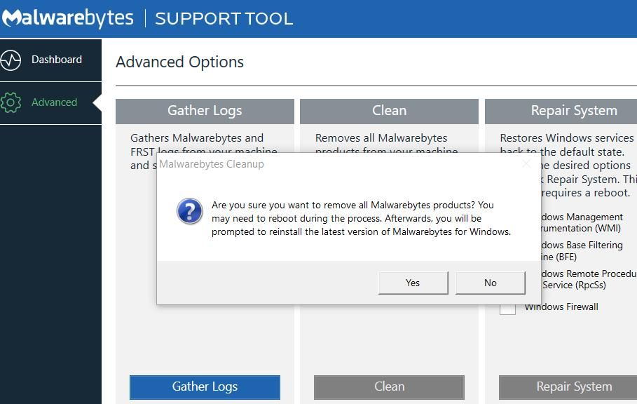 The Malwarebytes Cleanup dialog