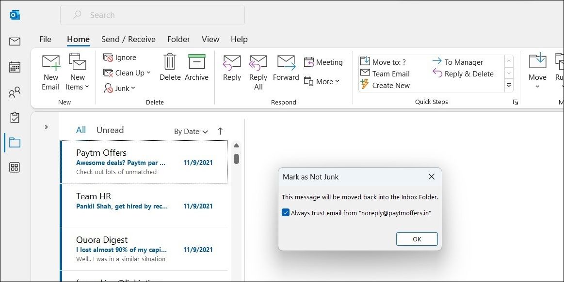 Mark Email as Not Junk in Outlook