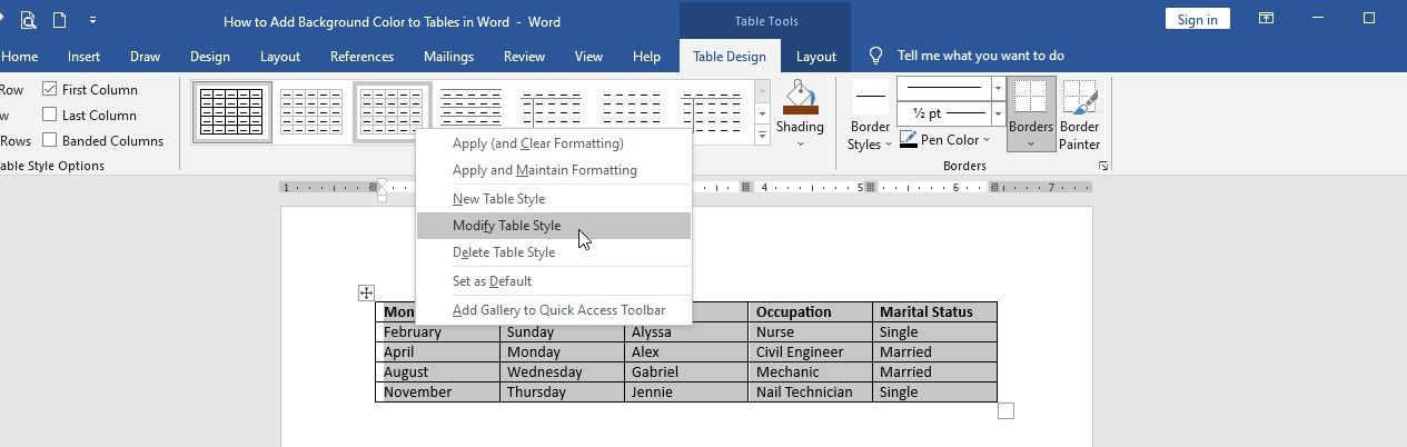 Formatting Options for Table Styles